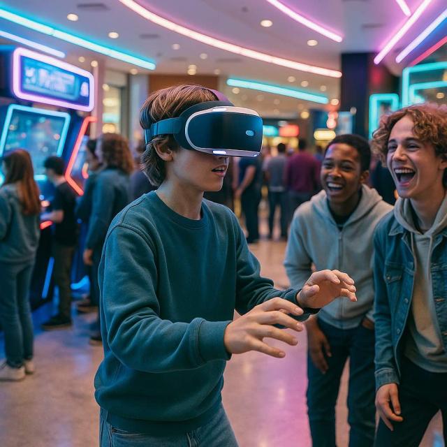 Dreng prøver VR-briller mens venner kigger på